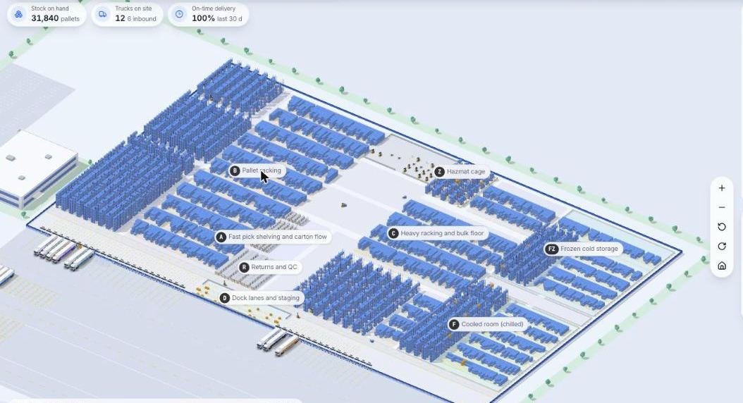 3D warehouse management system building view of a demo warehouse with racking, labelled zones and dock trucks (demo data)
